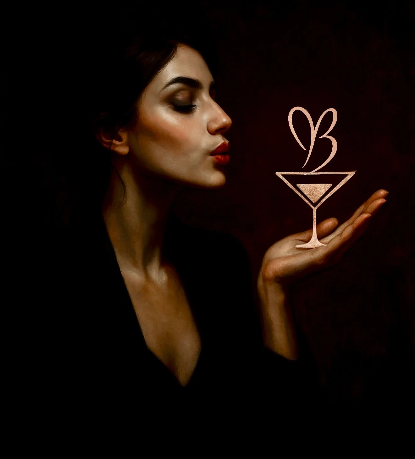 A woman holding a martini glass with a flourishing rose-gold B monogram — the Brooklyn's brand mark.